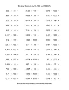 dividing by 10 100 and 1000 worksheet
