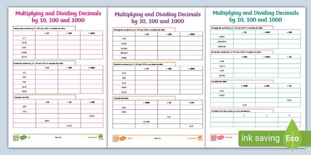 dividing by 10 100 and 1000 worksheet