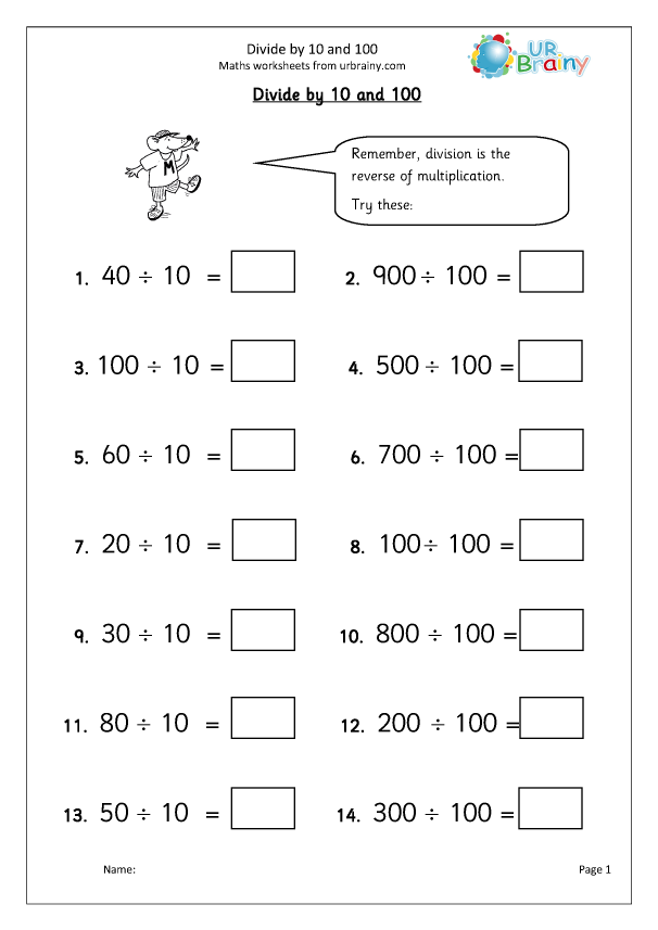 Divide by 10 and 100 - Division Maths Worksheets for Year 3 (age 7 ...