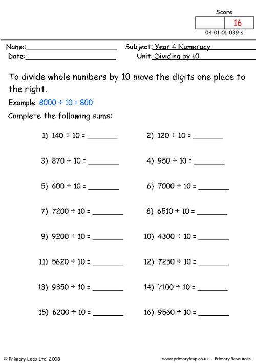 Numeracy: Dividing by 10 | Worksheet | PrimaryLeap.co.uk