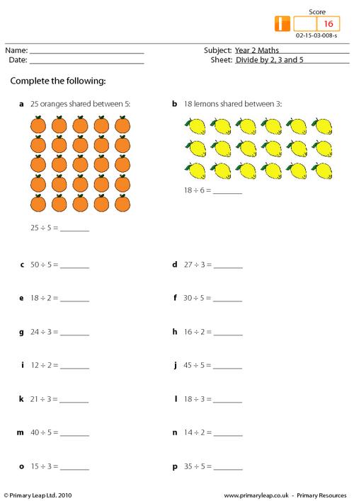 Numeracy: Divide by 2, 3 and 5 mixed | Worksheet | PrimaryLeap.co.uk