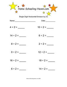 Single Digit Horizontal Division by 2s Worksheet for 4th Grade ...