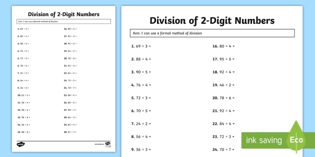 Division of 2 Digit Numbers Worksheet / Worksheet - Twinkl