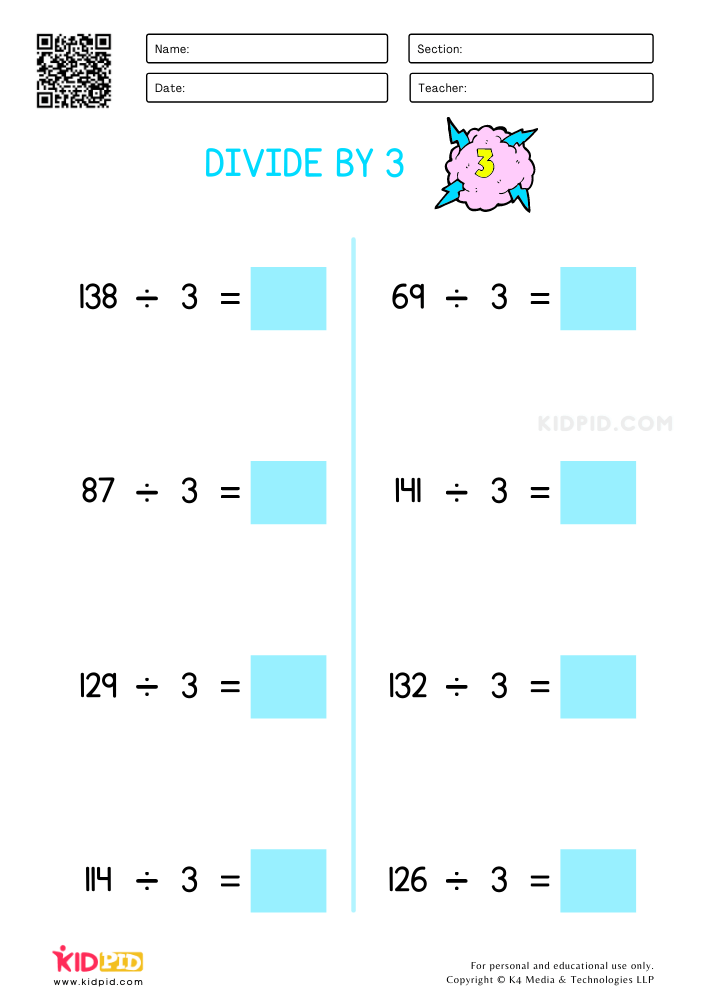 Divide by 3 Printable Worksheets - Kidpid
