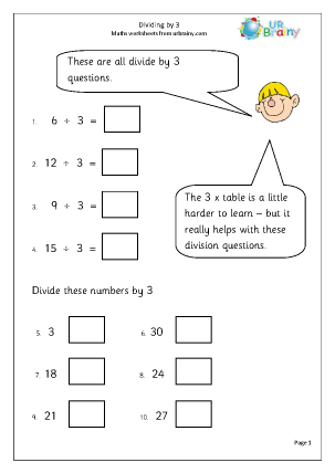 Division Maths Worksheets for Year 3 (age 7-8) - URBrainy.com
