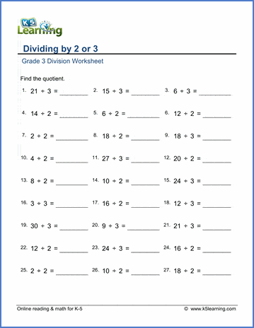 Grade 3 math worksheet - Division: dividing by 2 or 3 | Worsheets library