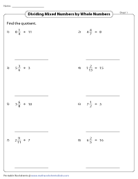 Dividing Fractions and Whole Numbers Worksheets