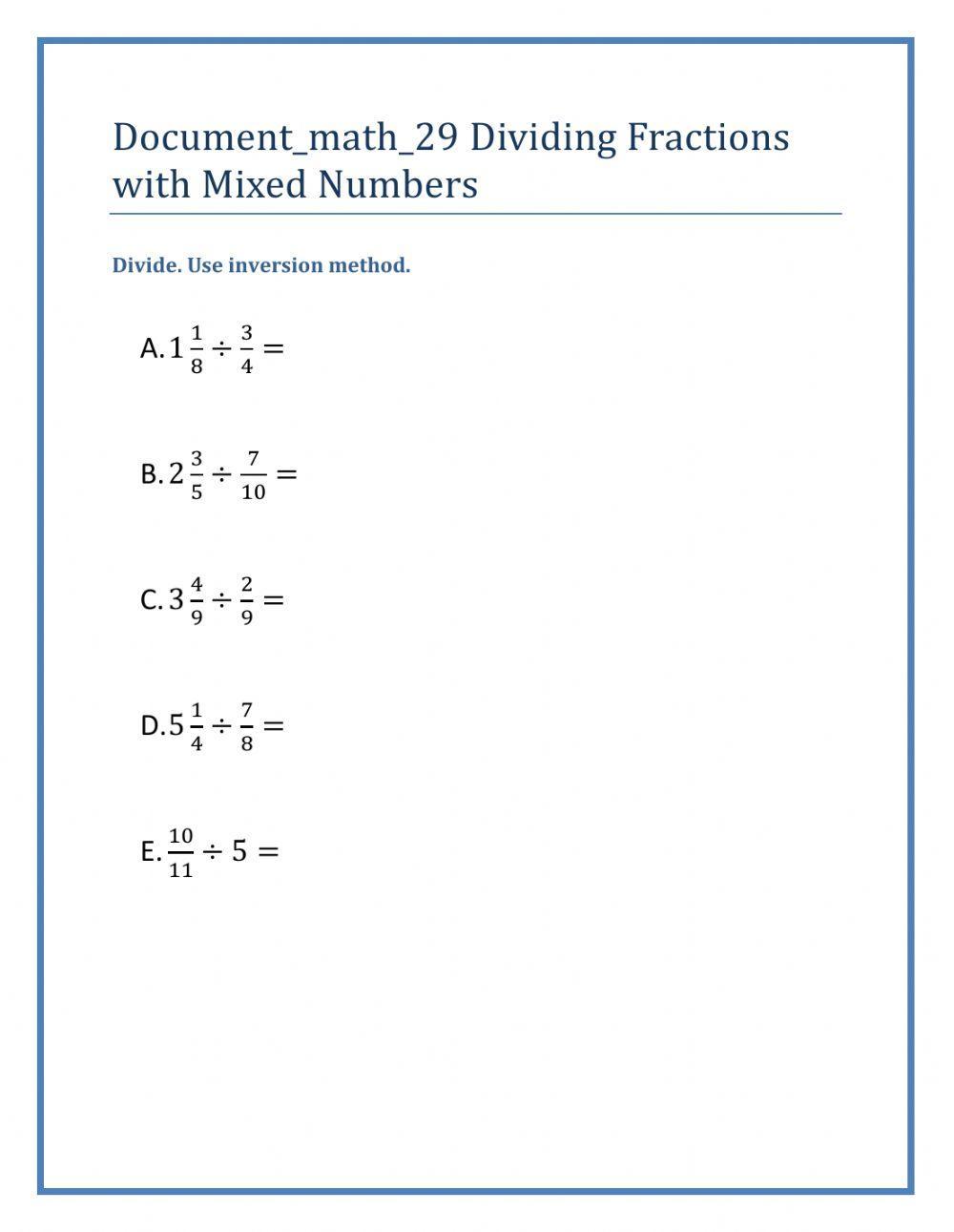 dividing by fractions worksheet