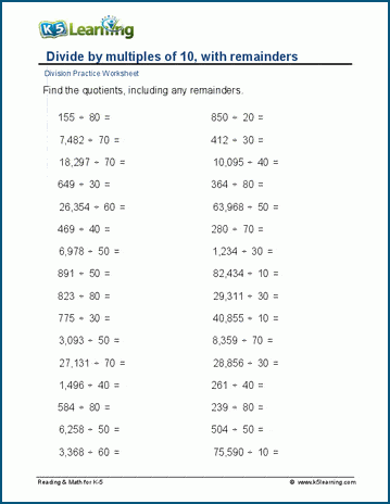 Dividing by multiples of 10, remainders worksheets | Worsheets library