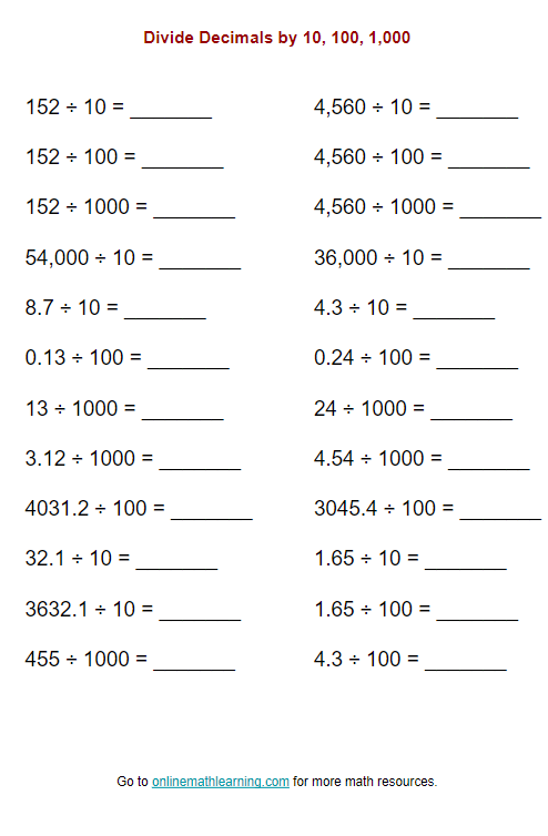 Divide Decimals by 10, 100 or 1000 (worksheet, printable, online ...