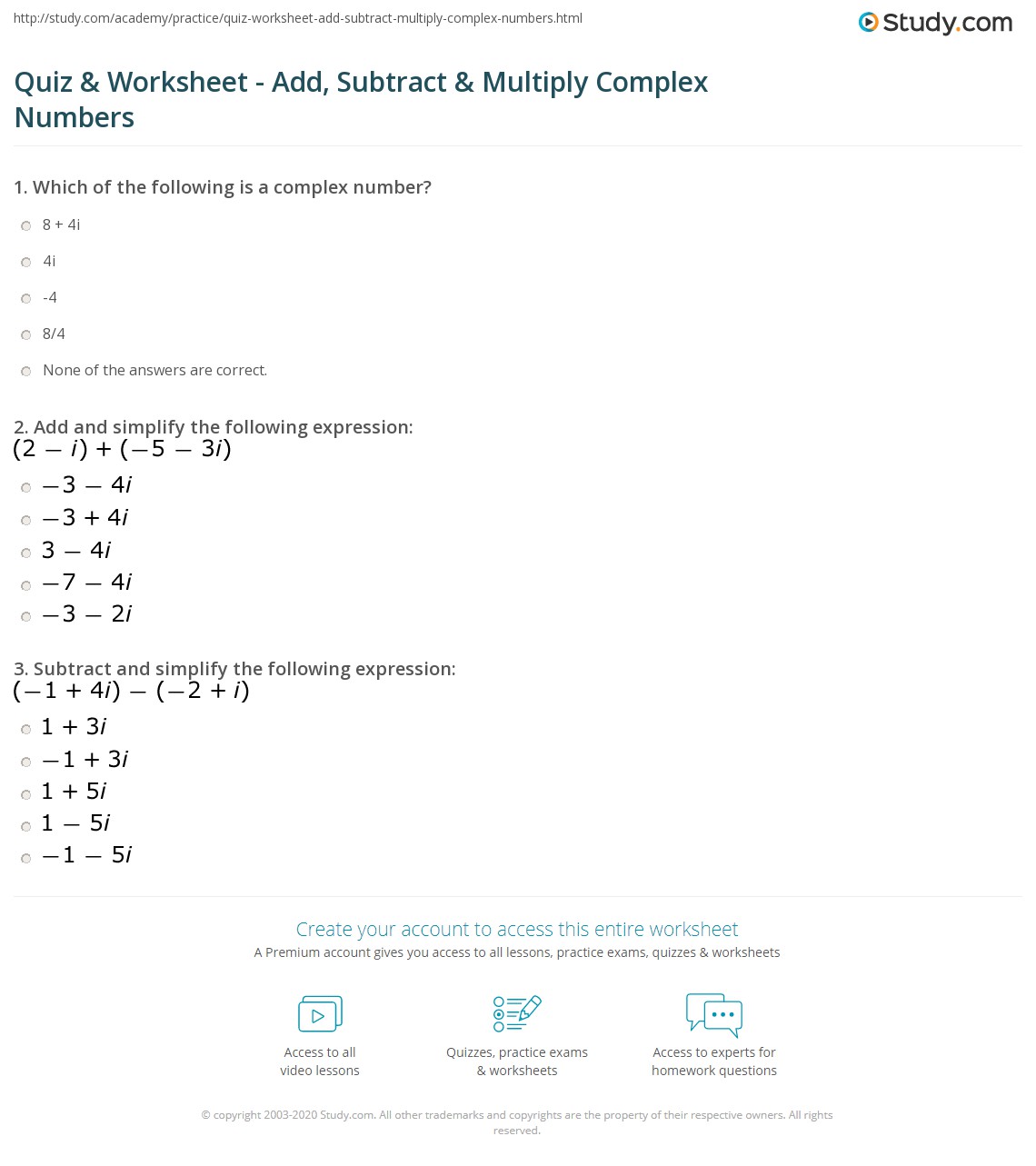 Quiz & Worksheet - Add, Subtract & Multiply Complex Numbers
