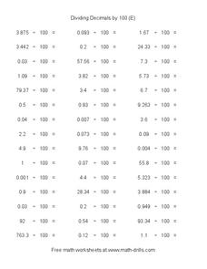 Dividing Decimals by 100 (E) Worksheet for 5th Grade | Lesson Planet