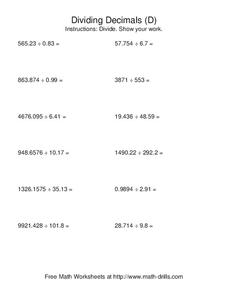 Dividing Decimals Worksheet for 4th - 8th Grade | Lesson Planet