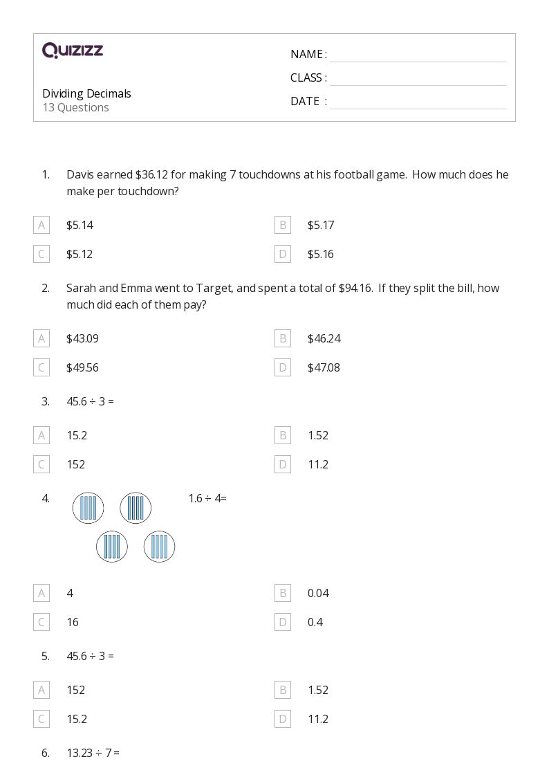 50+ Dividing Decimals worksheets for 5th Grade on Quizizz | Free ...