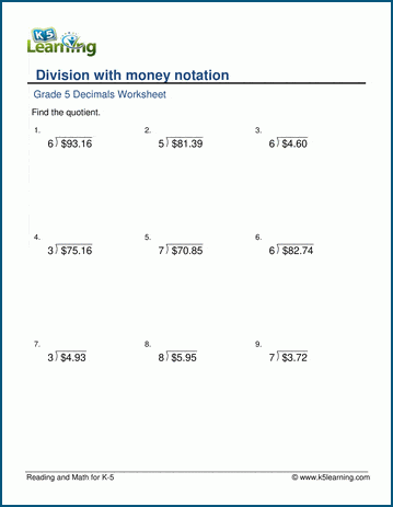 Division with money notation worksheets | Worsheets library