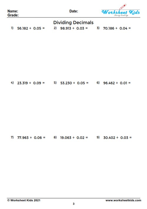 Dividing decimals worksheet for 5th and 6th grade - Free printable PDF