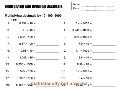 dividing decimals by 10 100 and 1000 worksheet