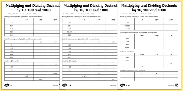dividing decimals by 10 100 and 1000 worksheet