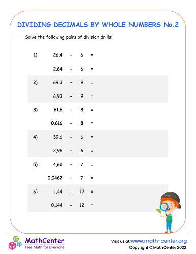 Dividing decimals by whole numbers No.2 | Worksheets | Math Center