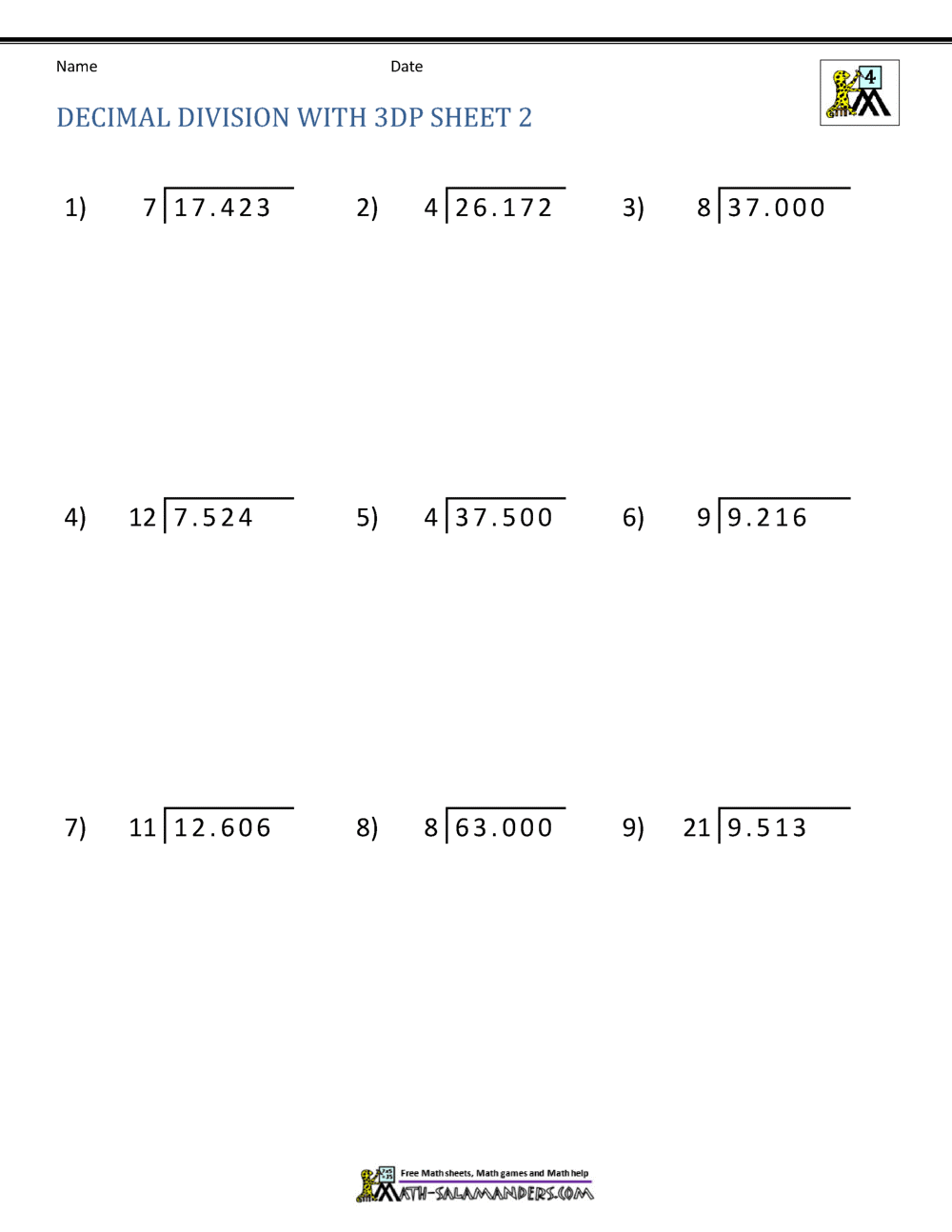 dividing decimals by decimals worksheet