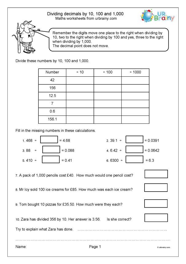Divide decimals by 10, 100 and 1,000 - Fraction and Decimal ...
