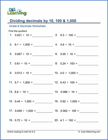 dividing decimals with 10 100 and 1000 worksheet
