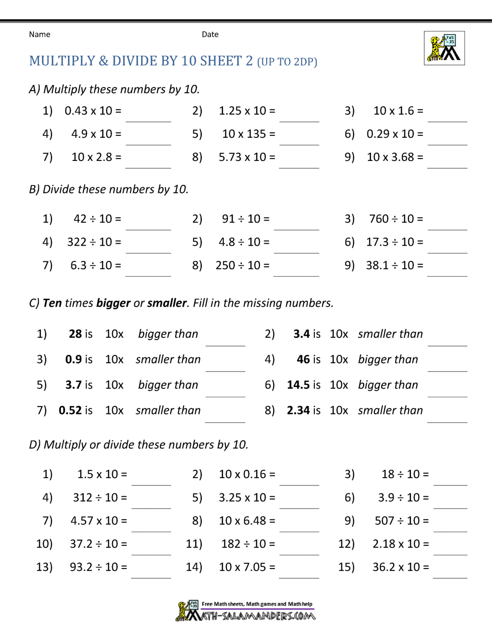 dividing decimals with 10 100 and 1000 worksheet