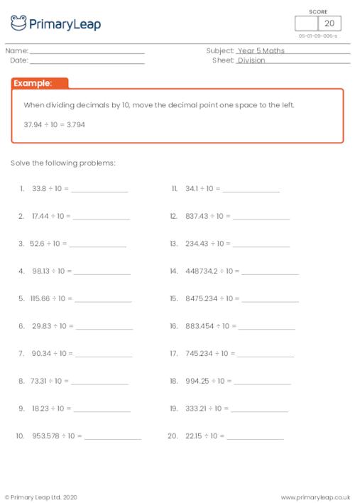 dividing decimals with 10 100 and 1000 worksheet