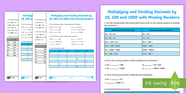 dividing decimals with 10 100 and 1000 worksheet