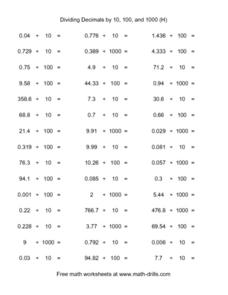 dividing decimals with 10 100 and 1000 worksheet
