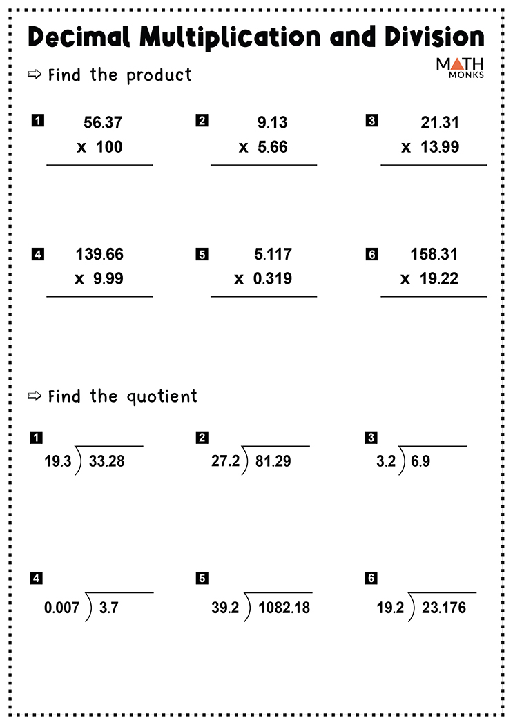 Multiplying and Dividing Decimals Worksheets - Math Monks