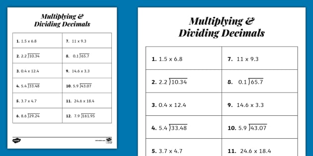 Sixth Grade Multiplying &  Dividing Decimals Activity