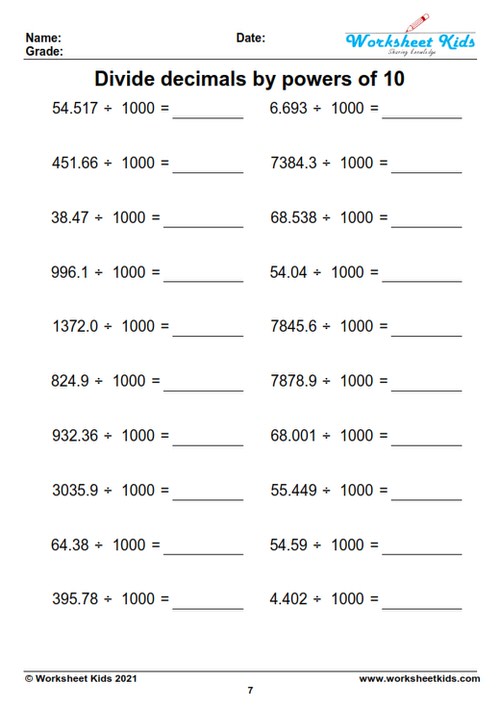 Dividing whole numbers and decimals by powers of 10 - Free printable