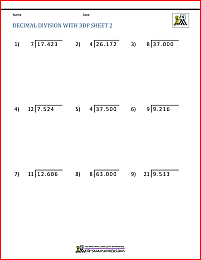 Division of Decimal Numbers Worksheets