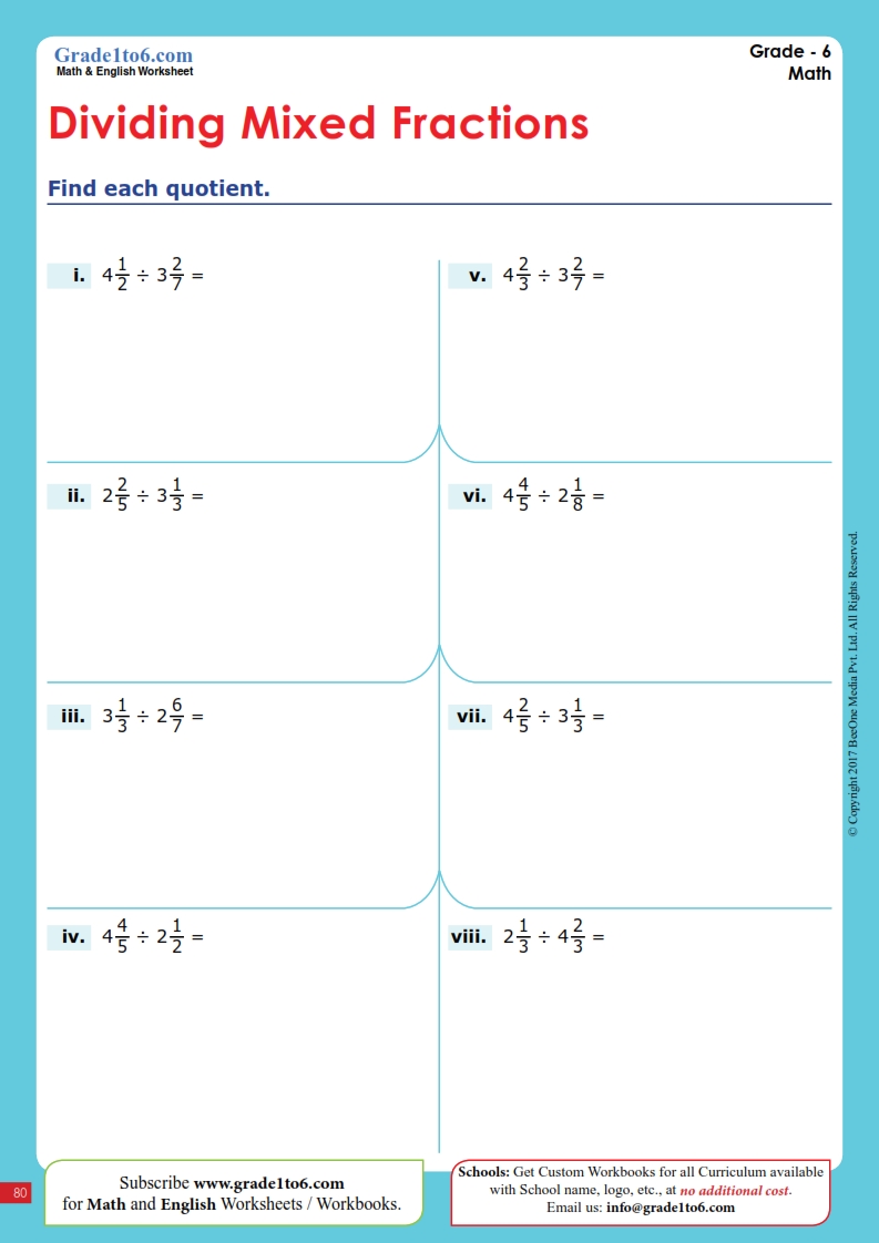 dividing fractions and mixed numbers worksheet 6th grade