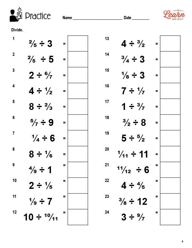 dividing fractions by a whole number worksheet