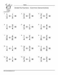 Divide Fractions Common Denominators Worksheets