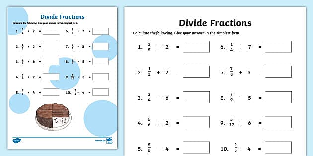 dividing fractions by fractions worksheet