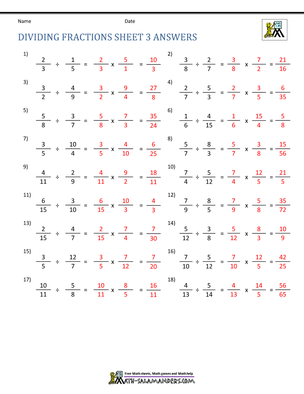 dividing fractions by fractions worksheet