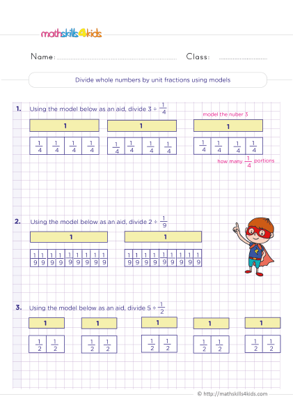 dividing fractions by whole numbers using models worksheet