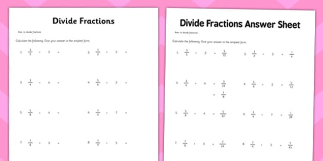 KS2 Dividing Fractions by Whole Numbers Worksheet - Twinkl