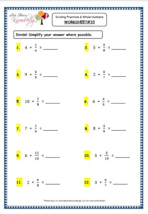 dividing fractions by whole numbers worksheet