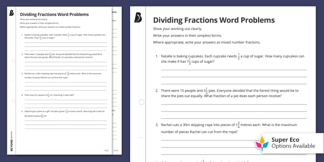 dividing fractions word problems worksheet 5th grade