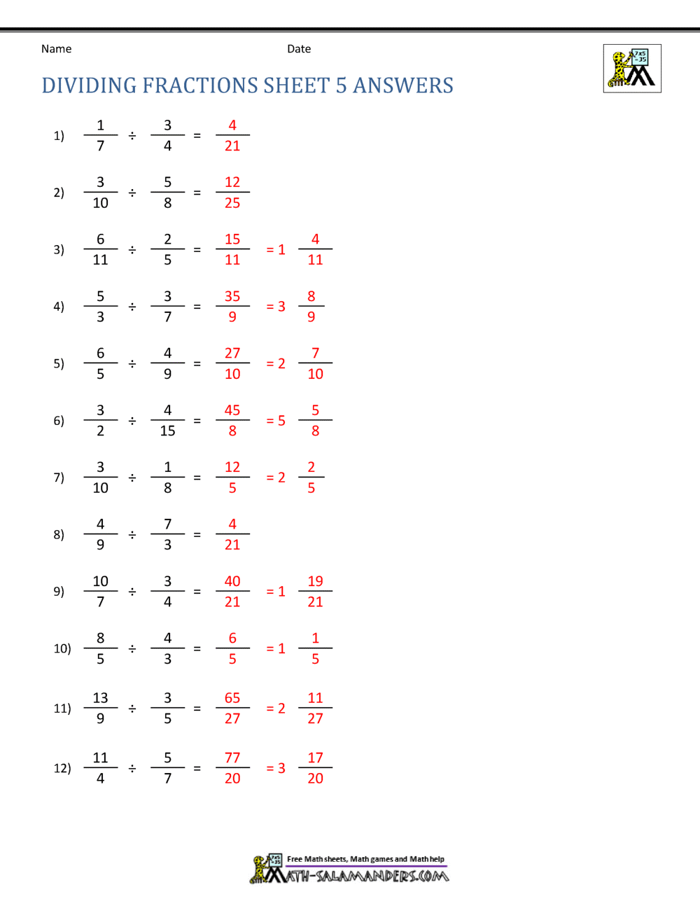 dividing fractions worksheet answer key