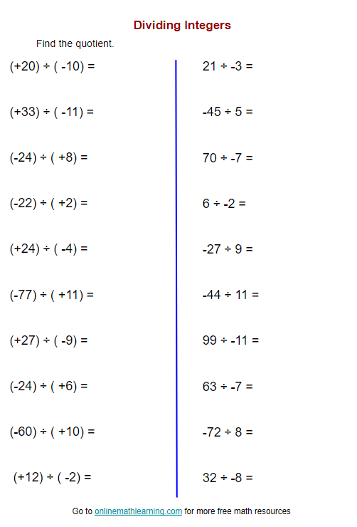 Dividing Integers Worksheet (printable, online, answers, examples)