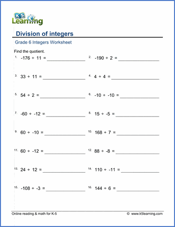 Grade 6 Integers Worksheets: Division of integers | Worsheets library