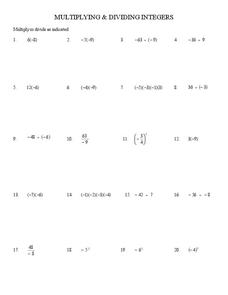 Multiplying &  Dividing Integers Worksheet for 6th - 8th Grade ...