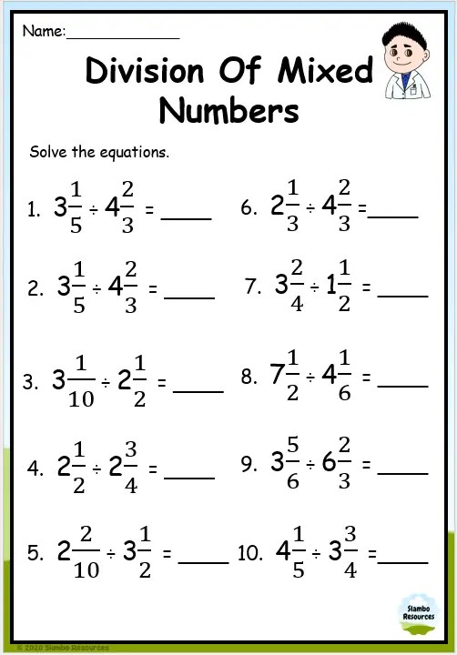 dividing mixed numbers and fractions worksheet