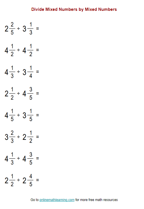 dividing mixed numbers and fractions worksheet