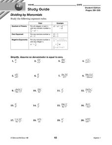 Dividing by Monomials Worksheet for 9th Grade | Lesson Planet